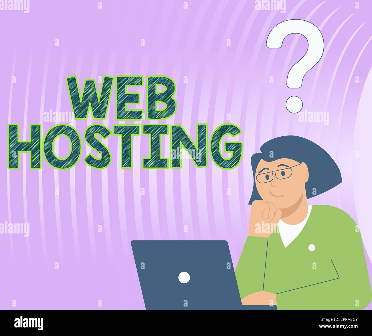 Textzeichen für Web-Hosting. Internet-Konzept die Bereitstellung von Speicherplatz und Zugriff für Websites Lady Drawing, das Brainstorming zu neuen Lösungen mit Fragezeichen durchführt Stockfoto