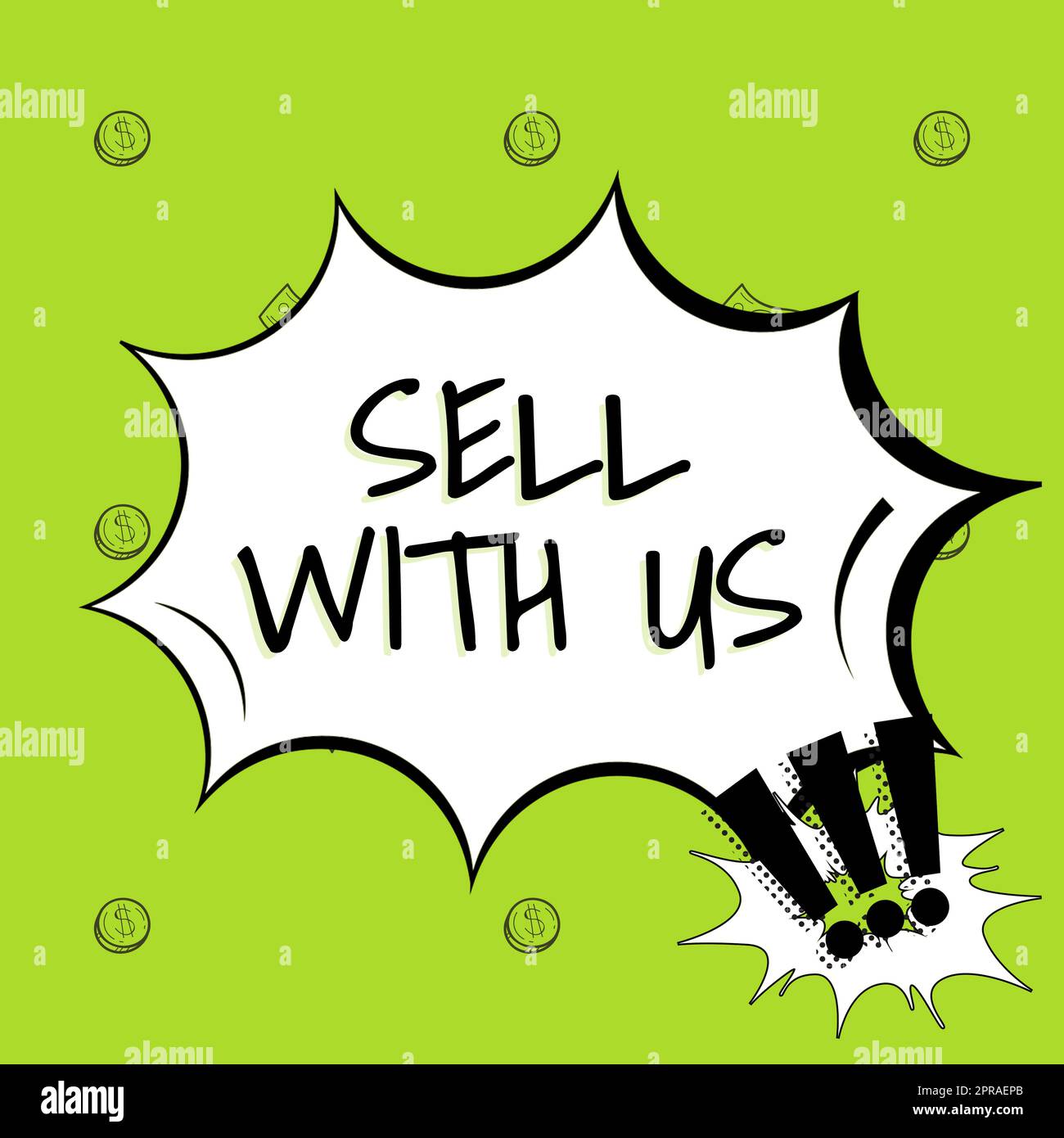 Text mit Inspiration Sell With US. Geschäftskonzept Online-Verkaufsplattform sucht Verkäufer E-Commerce Blank Explosion Blast Scream Speech Bubble drückt Meinungen aus. Stockfoto