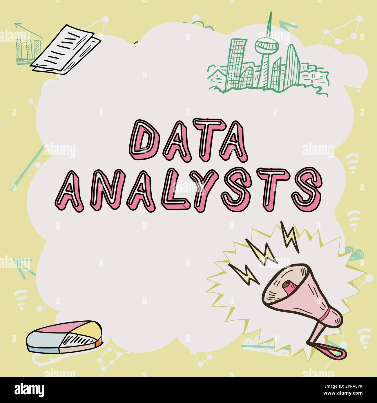 Textüberschrift für Datenanalysten. Geschäftsübersicht Programmer Design and Create Report identifiziert Muster wichtige Nachrichten, die in Frame mit Megaphone, Diagramm und Skyline dargestellt werden. Stockfoto