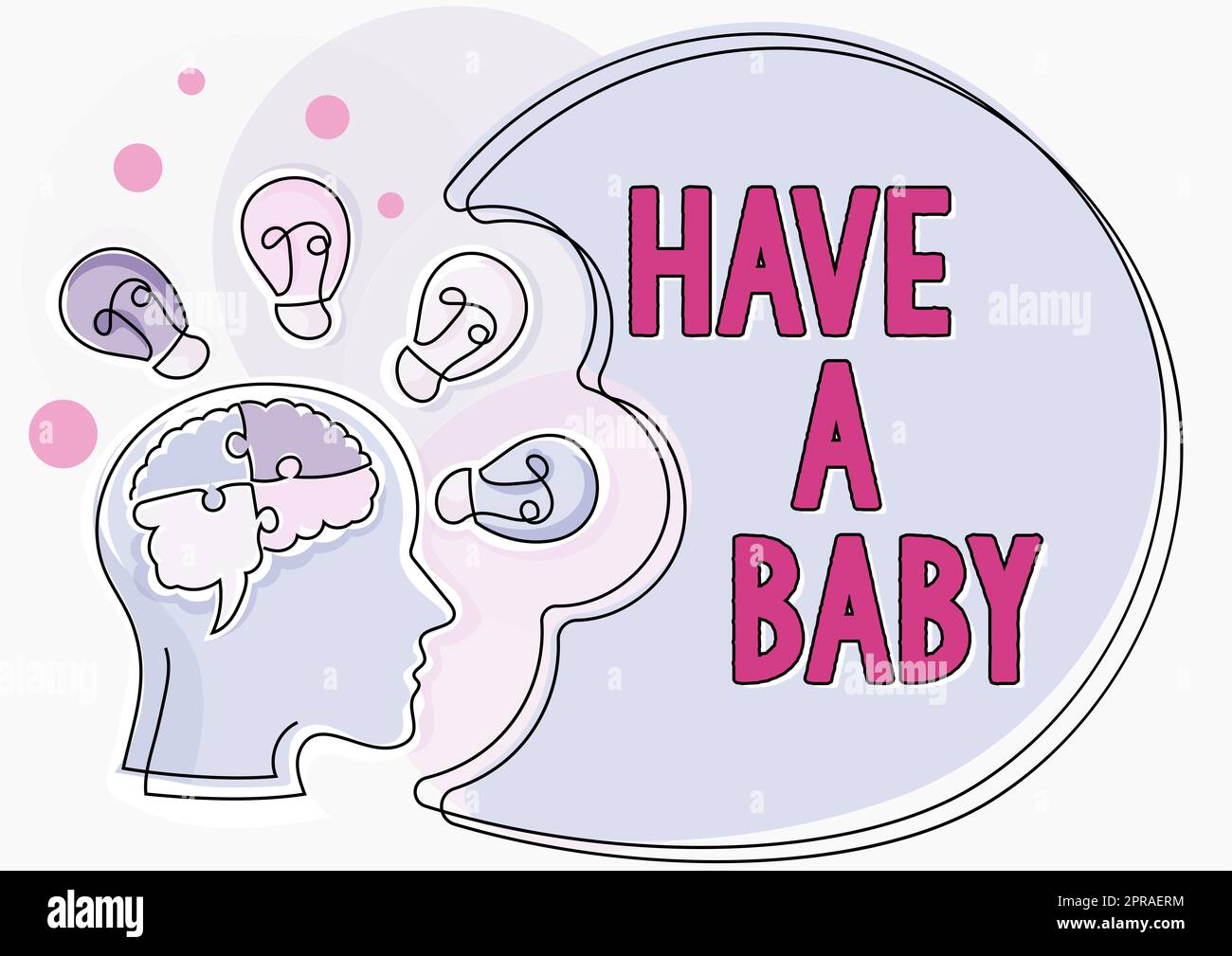Schild mit der Aufschrift „Have A Baby“. Ratschläge für Geschäftsideen, um schwanger zu werden und ein Kind zu haben Empfehlungsmann mit Rätseln Gehirn denkt neue Ideen auf dem Präsentationsboard. Stockfoto