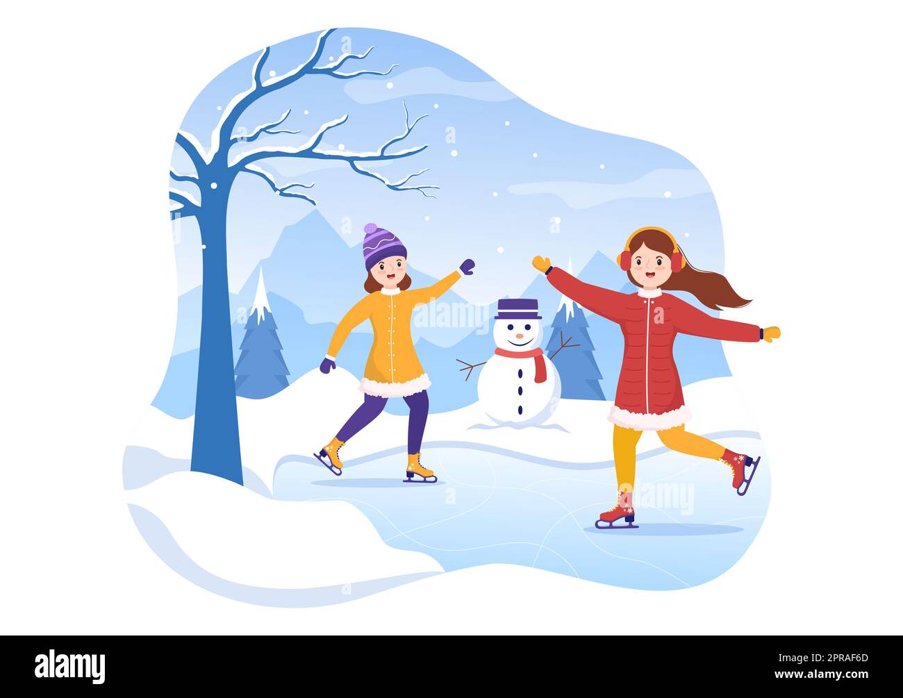 Eislaufen Handgezeichnete Cartoon flache Illustration von Winterspaß Outdoor Sport-Aktivitäten auf Eisbahn mit saisonaler Oberbekleidung Stockfoto