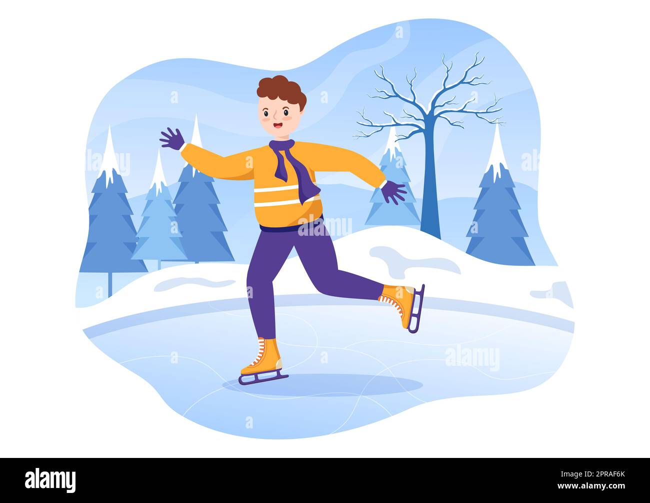 Eislaufen Handgezeichnete Cartoon flache Illustration von Winterspaß Outdoor Sport-Aktivitäten auf Eisbahn mit saisonaler Oberbekleidung Stockfoto