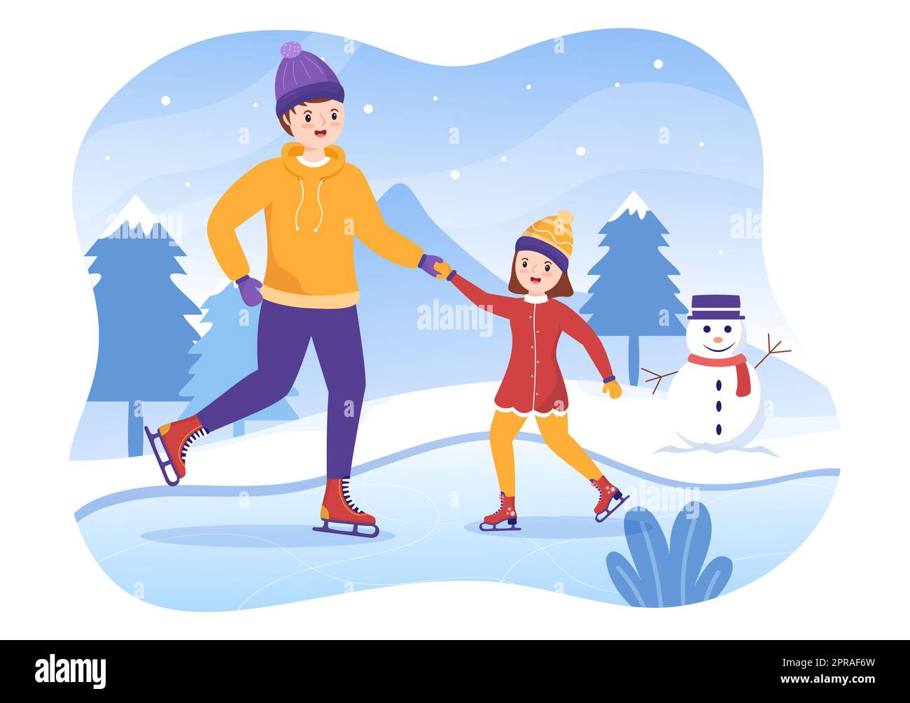 Eislaufen Handgezeichnete Cartoon flache Illustration von Winterspaß Outdoor Sport-Aktivitäten auf Eisbahn mit saisonaler Oberbekleidung Stockfoto