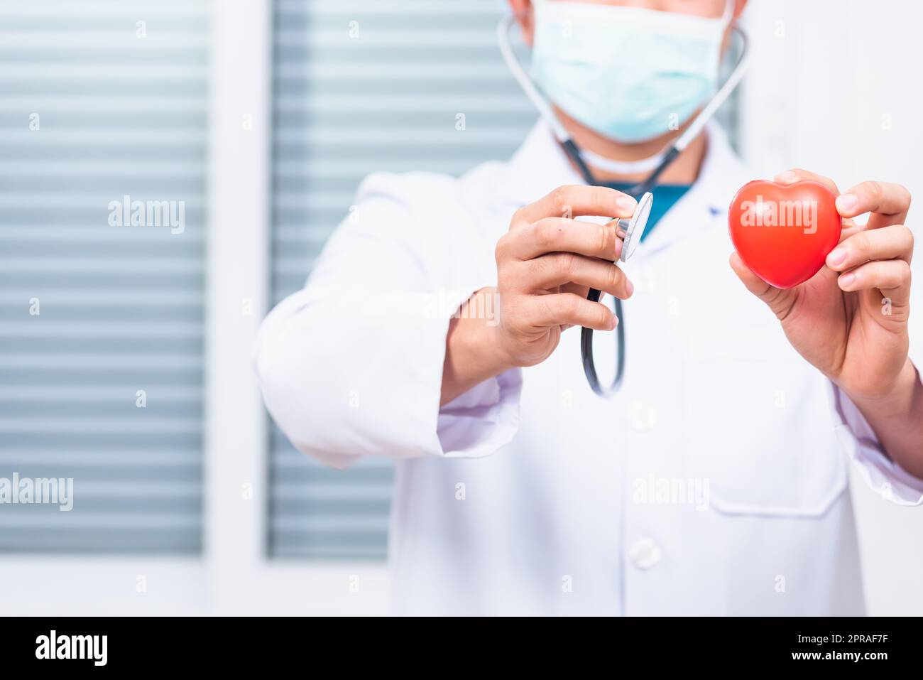 Ein Arzt mit weißem Kittel im Stehen hält sein Stethoskop bereit, um zu hören, wie er rotes Herz untersucht Stockfoto