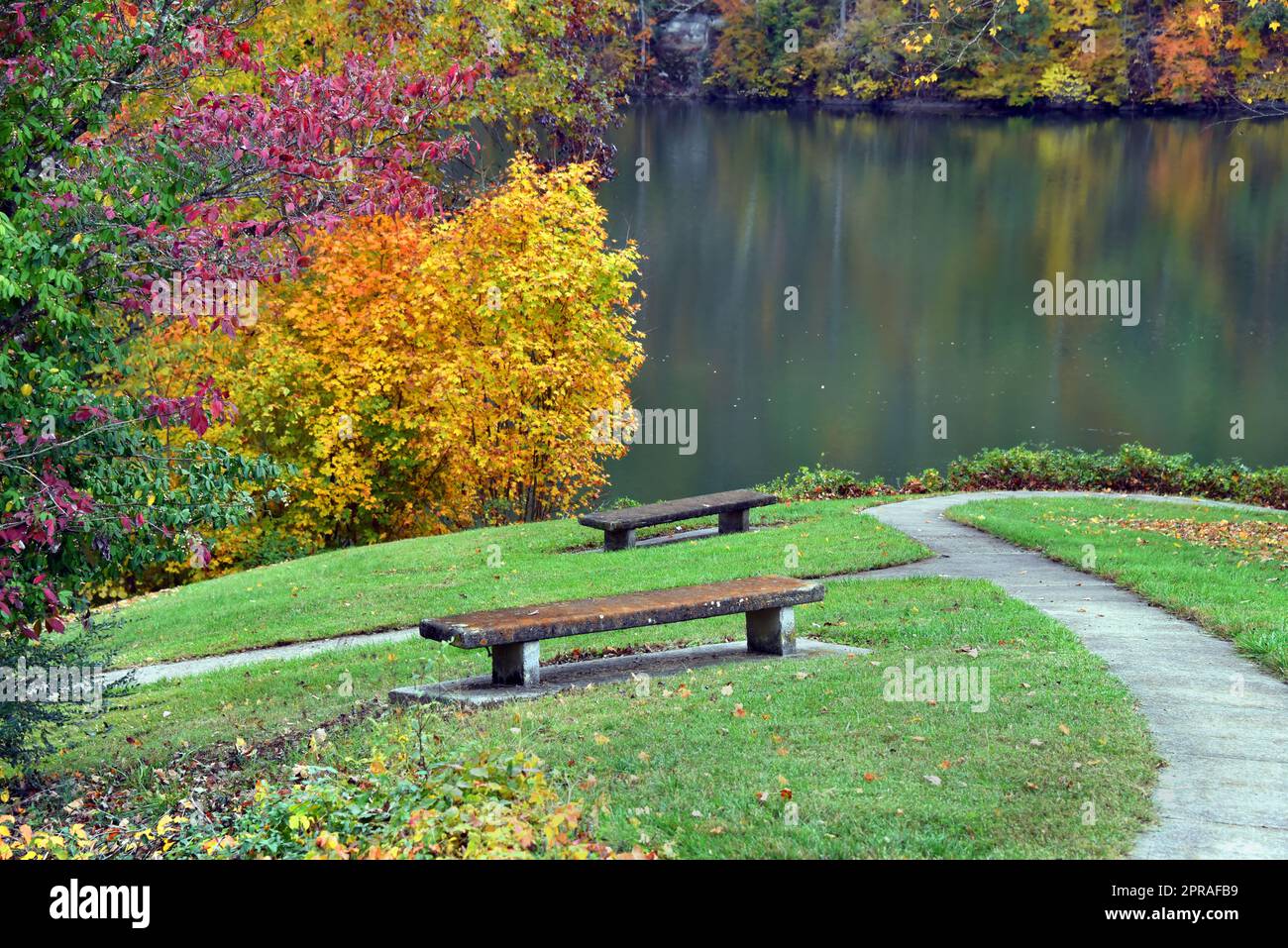 Am Fort Patrick Henry Dam befinden sich zwei Bänke. Holston River reflektiert Herbstfarben rund um das Ufer des Flusses. Stockfoto