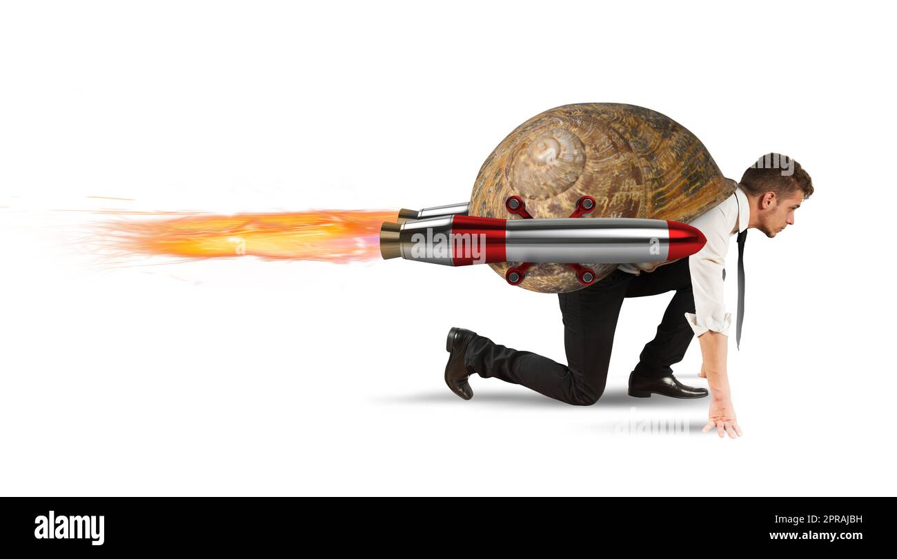 Ein Geschäftsmann wie ein langsamer ist schnell wie eine Rakete Stockfoto