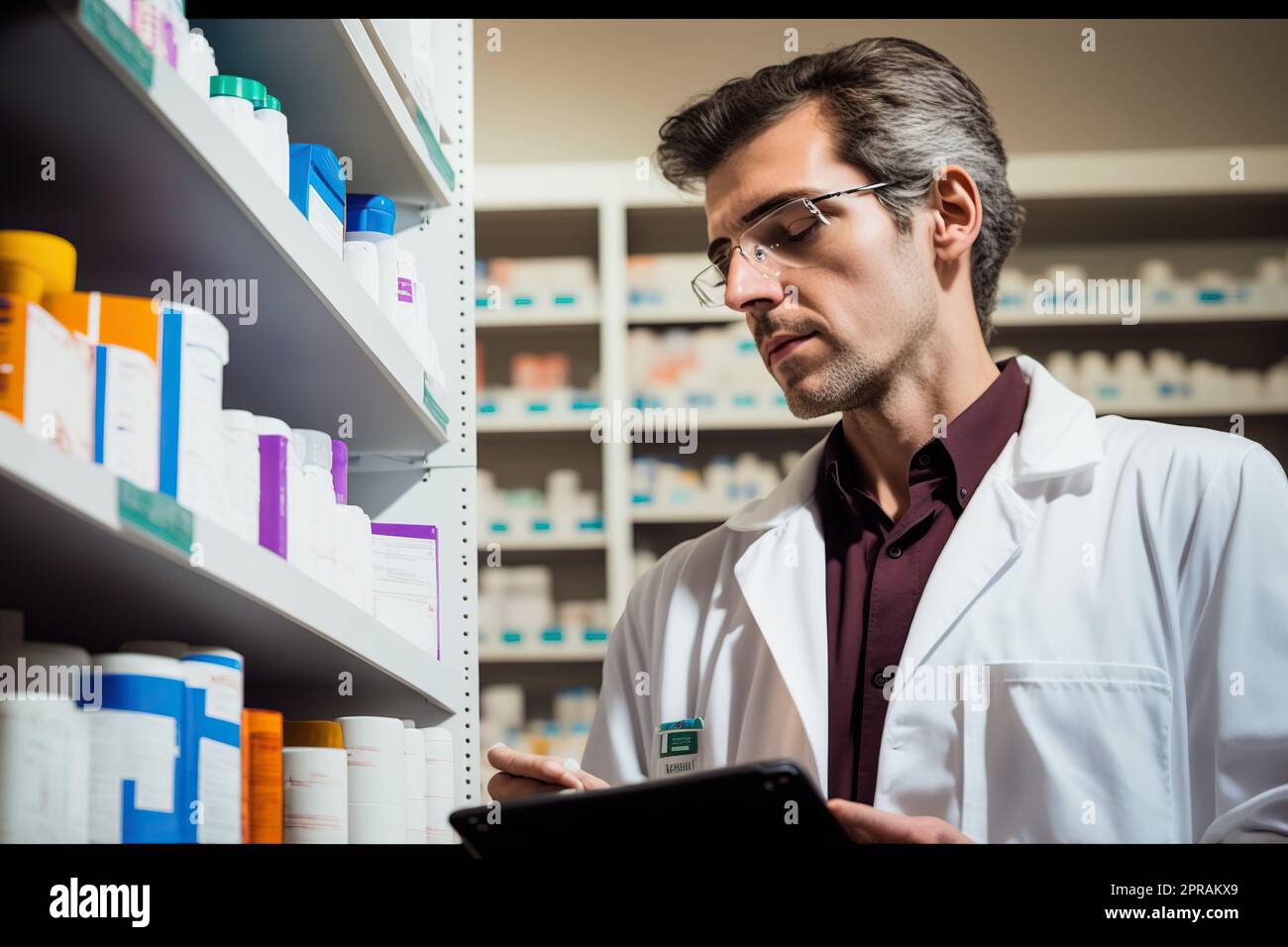 Ein Apotheker berät sich in seinem Apotheker über den Vorrat an ...