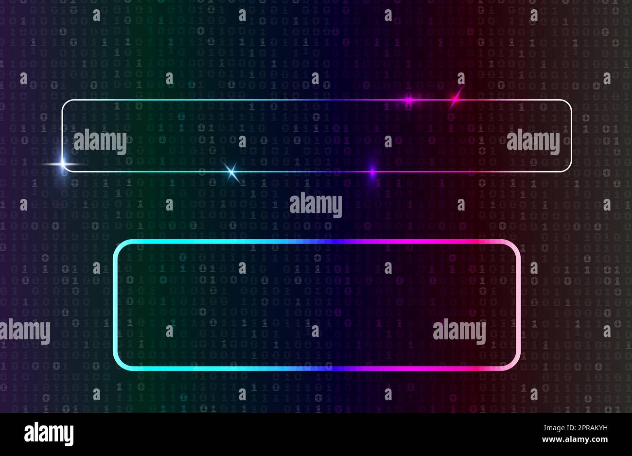 Neonfarbene Rahmen auf dem Hintergrund des binären Codes, abstrakter Hintergrund. Stockfoto