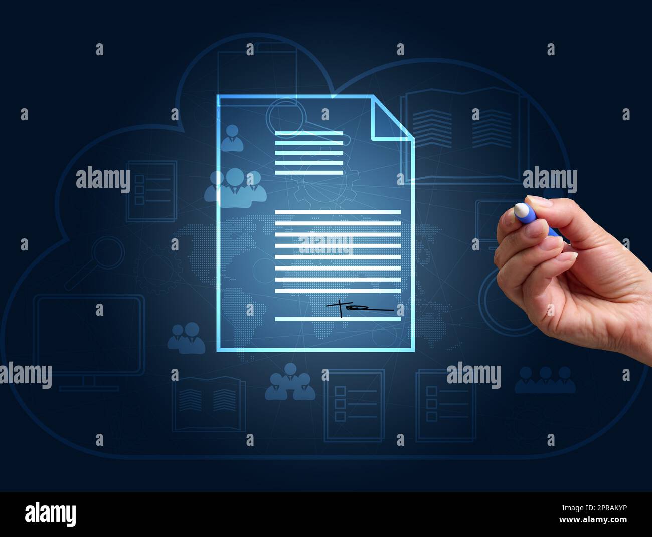 Eine weibliche Hand signiert ein virtuelles Dokument auf blauem Hintergrund. Stockfoto