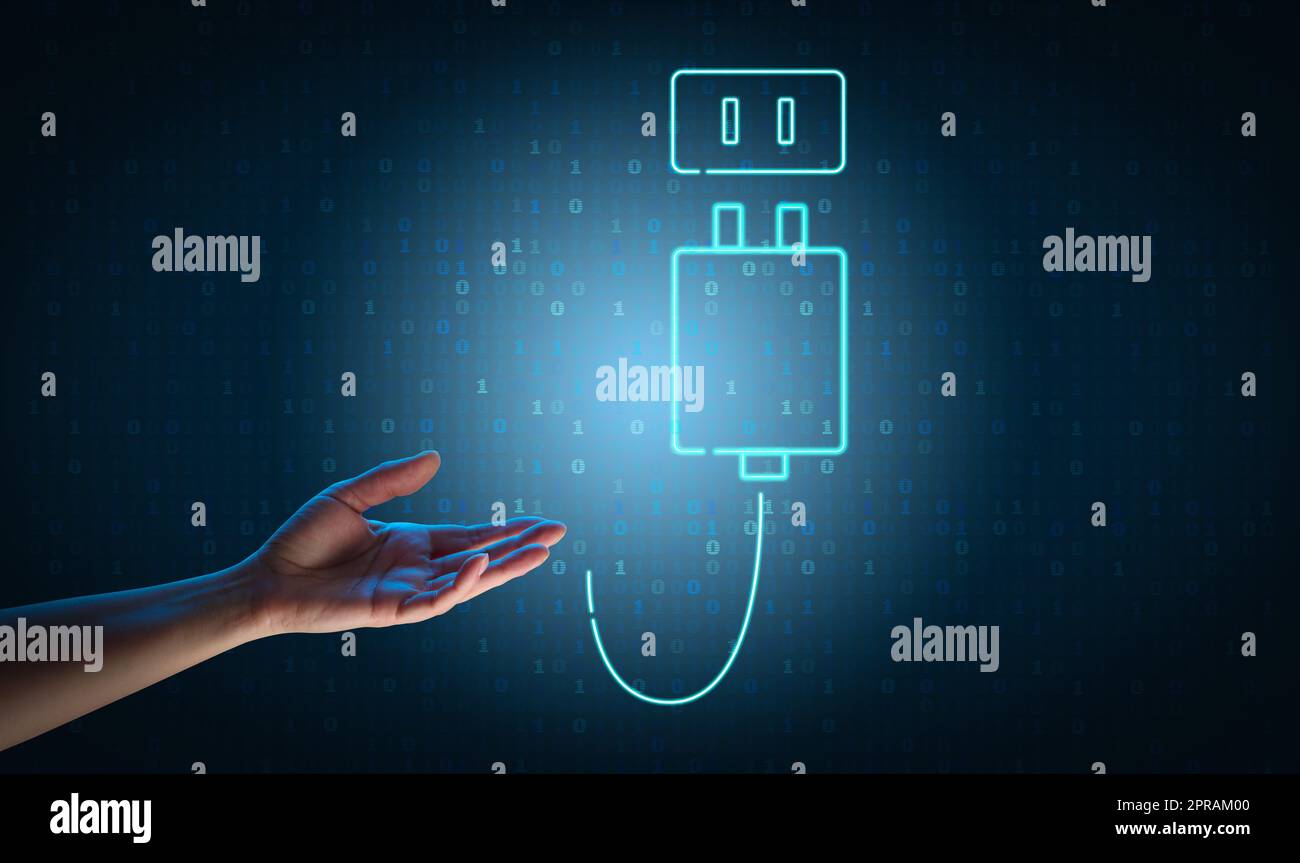 Weibliche Hand und Sockel Symbol auf blauem Hintergrund, neue Ideen Konzept, Metapher Stockfoto