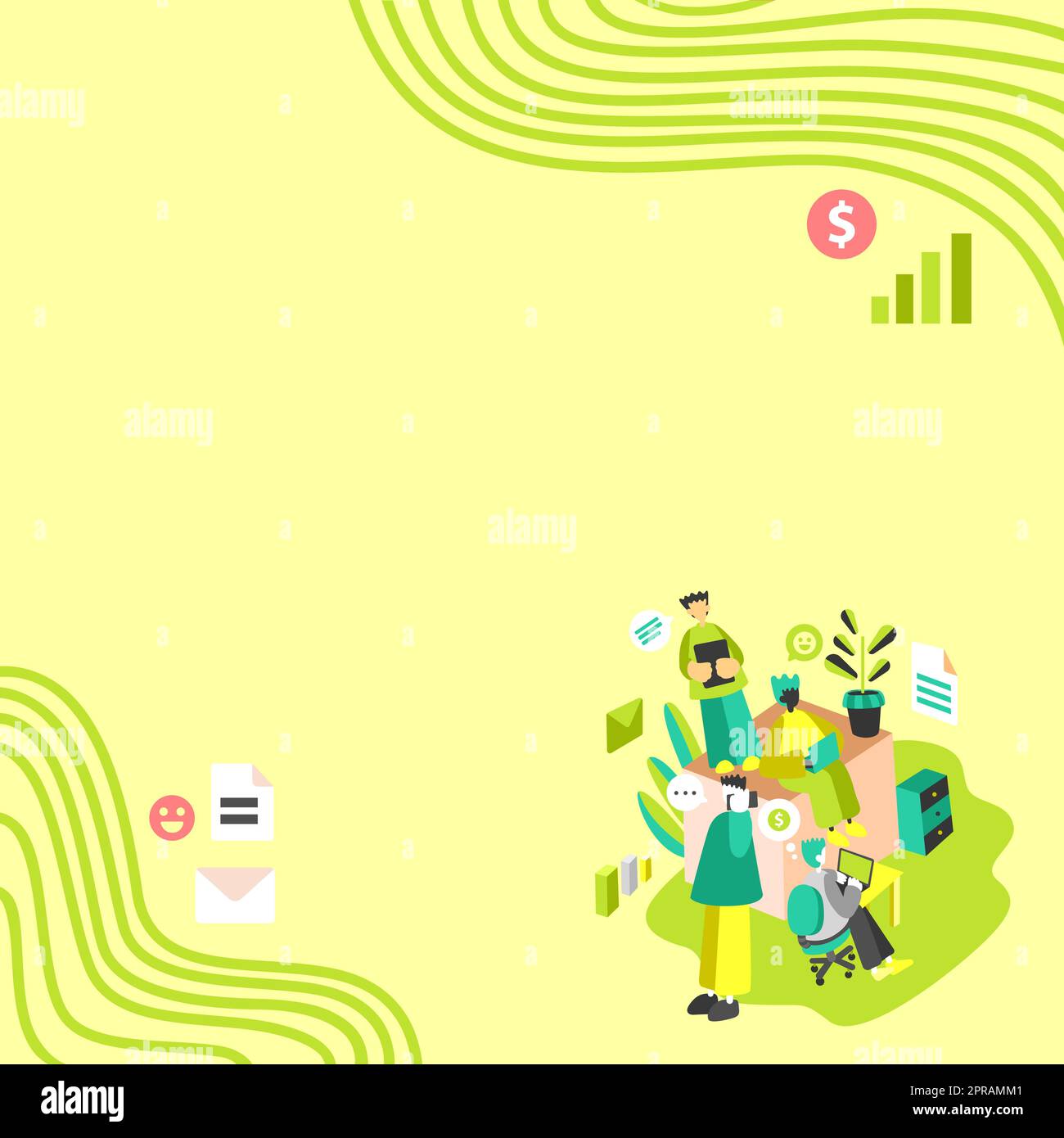 Geschäftsleute, Die Auf Lap Tops Zusammenarbeiten, Einer Telefoniert. Gruppe Von Vier Freunden Im Büro, Die Arbeiten, Zwei Am Computer, Andere Am Handy, Letzte Anordnung Von Dokumenten. Stock Vektor