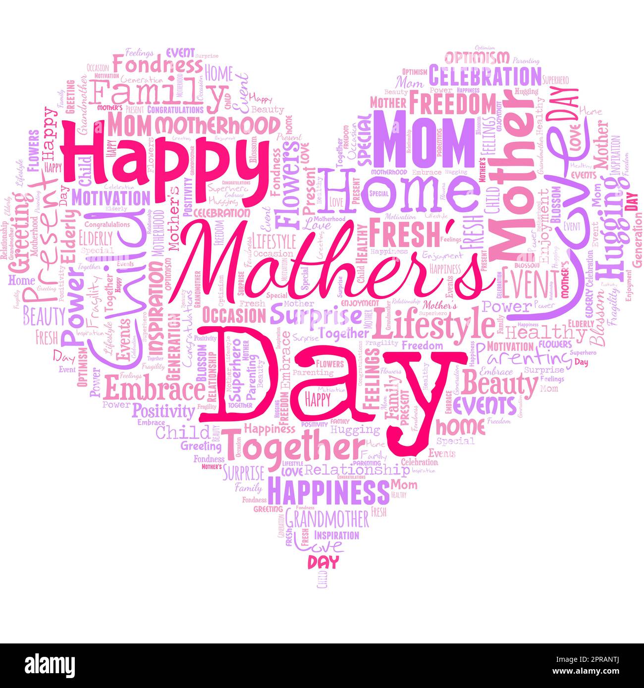 Wortwolke in Form eines Herzens mit glücklichen Muttertagsworten. Tag des Jahres, an dem Mütter von Kindern besonders geehrt werden Stock Vektor