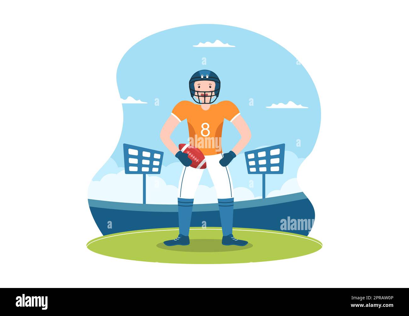 American Football Sports Player with the Game verwendet einen ovalen Ball und ist auf dem Feld von Hand gezeichnete Cartoon-flache Illustration braun Stockfoto