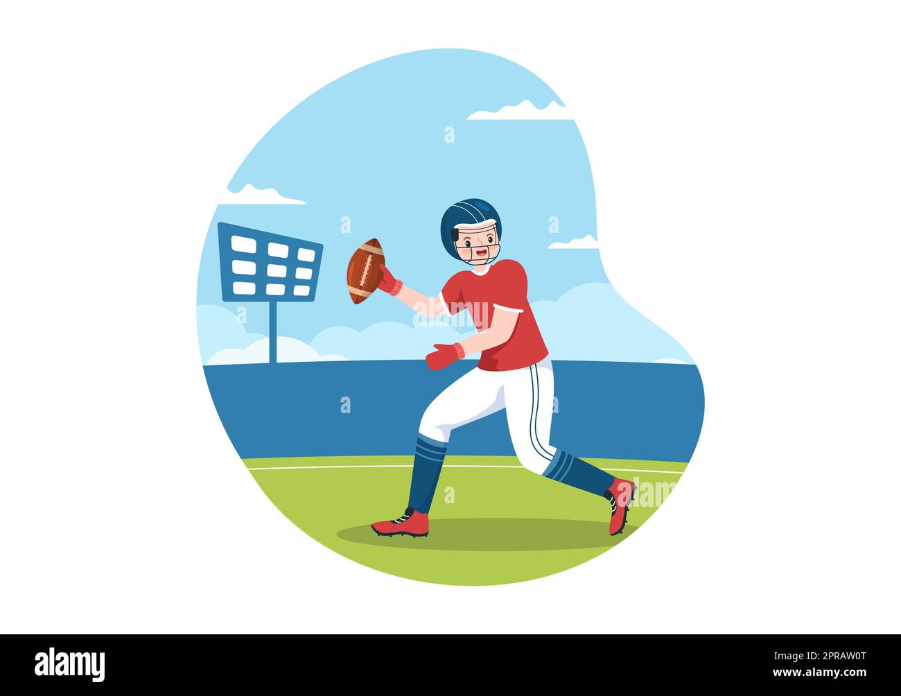 American Football Sports Player with the Game verwendet einen ovalen Ball und ist auf dem Feld von Hand gezeichnete Cartoon-flache Illustration braun Stockfoto