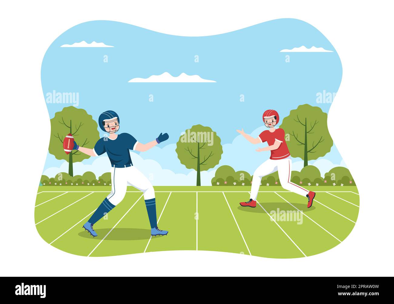 American Football Sports Player with the Game verwendet einen ovalen Ball und ist auf dem Feld von Hand gezeichnete Cartoon-flache Illustration braun Stockfoto