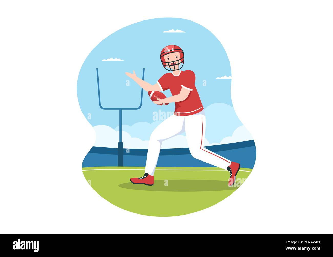 American Football Sports Player with the Game verwendet einen ovalen Ball und ist auf dem Feld von Hand gezeichnete Cartoon-flache Illustration braun Stockfoto