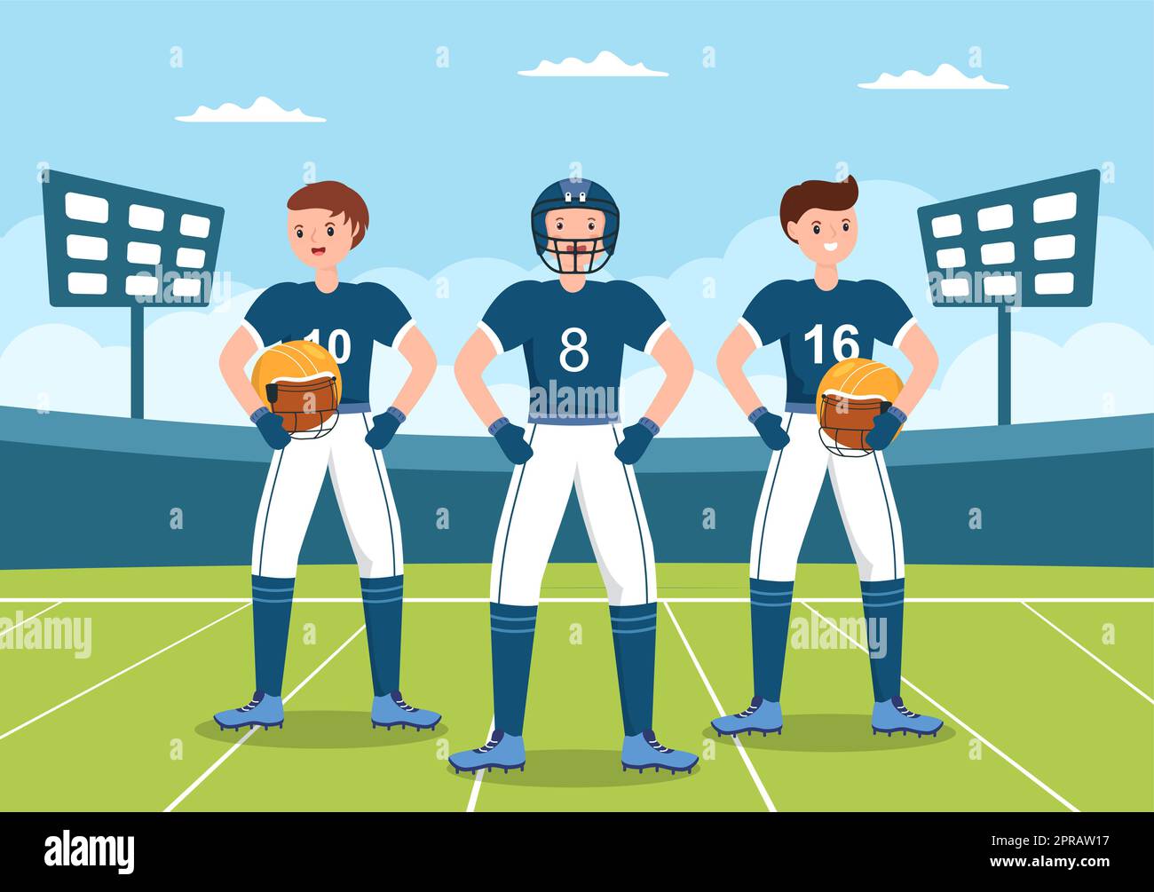American Football Sports Player with the Game verwendet einen ovalen Ball und ist auf dem Feld von Hand gezeichnete Cartoon-flache Illustration braun Stockfoto