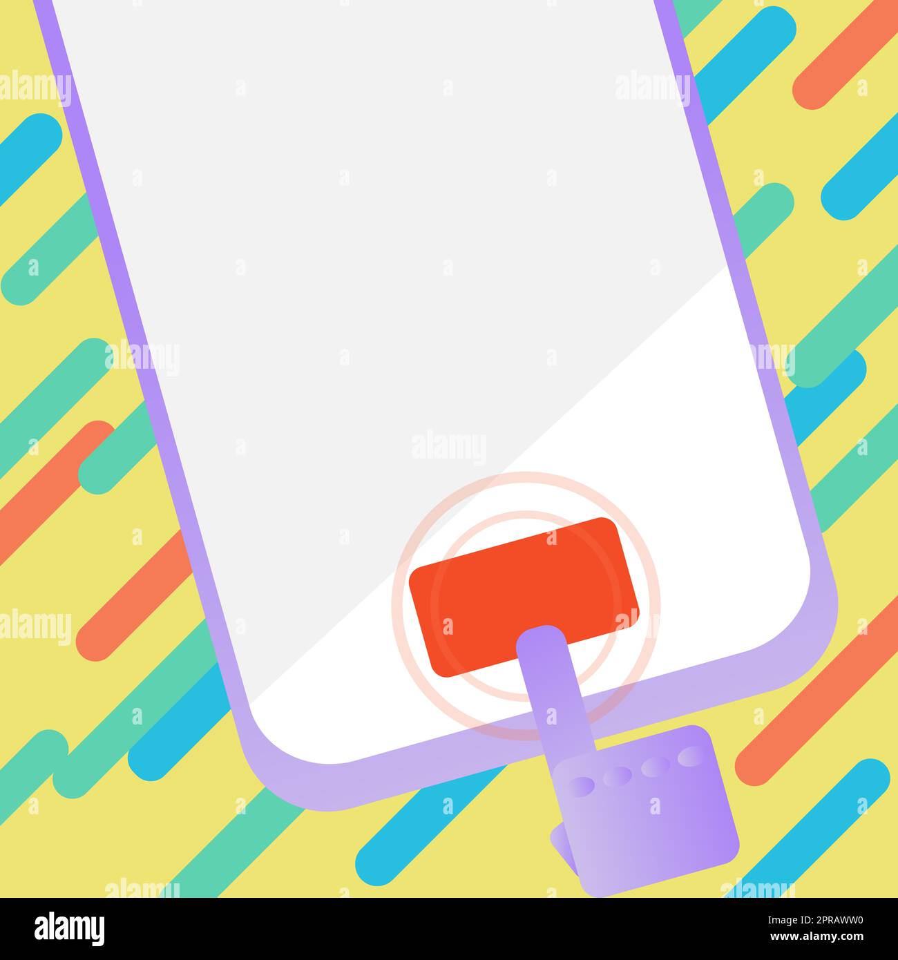 Gezogener Finger Zeigt Auf Die Haupttaste Des Telefons. Telefon Bildschirm Löschen. Gadget Ausschalten, Wenn Die Home-Taste Mit Dem Cursor Auf Den Abisolierten Hintergrund Zeigt. Textbereich Stockfoto