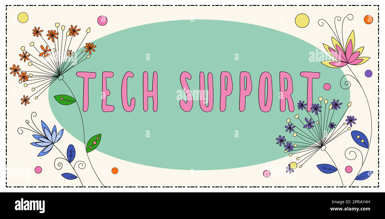 Schreiben mit Textanzeige Technischer Support. Geschäftsübersicht Unterstützung von Personen mit technischen Problemen mit Blättern und Blumen und wichtigen Ankündigungen im Inneren. Stockfoto