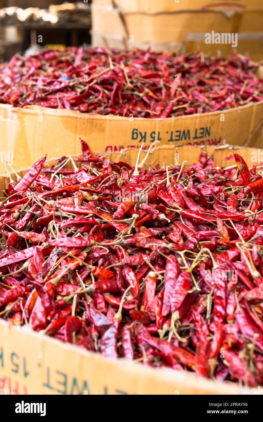 Nahaufnahme von rotem Chili-Pfeffer in Kartons in einem Lebensmittelgeschäft in Galle, Sri Lanka Stockfoto