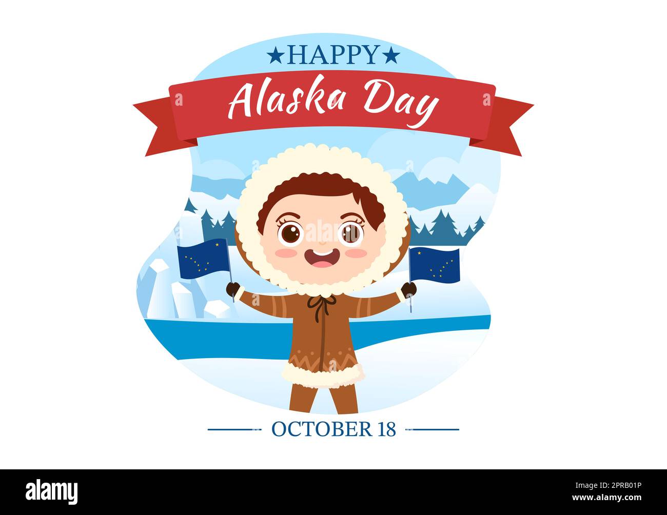 Happy Alaska Day am 18. Oktober handgezeichnete Cartoon-Flachillustration mit Flaggenschwenken in der Winterlandschaft als Vorlage für Banner oder Poster Stockfoto