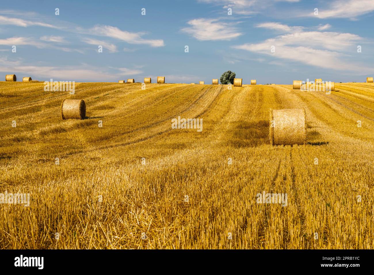 Das Stroh kombinierte in der Nähe voneinander einen Stapel nach der Erntegesellschaft Stockfoto