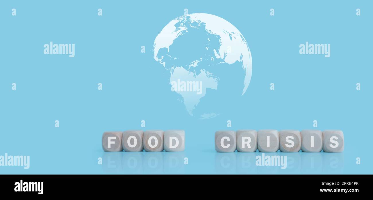Das Konzept der globalen Nahrungsmittelkrise. Lebensmittelkrisenworte auf Holzwürfeln mit Erdkarte auf blauem Hintergrund. Hintergrund der Lebensmittelkrise. Die menschliche Katastrophe in der globalen Nahrungsmittelkrise. Erdbild von der NASA bereitgestellt Stockfoto