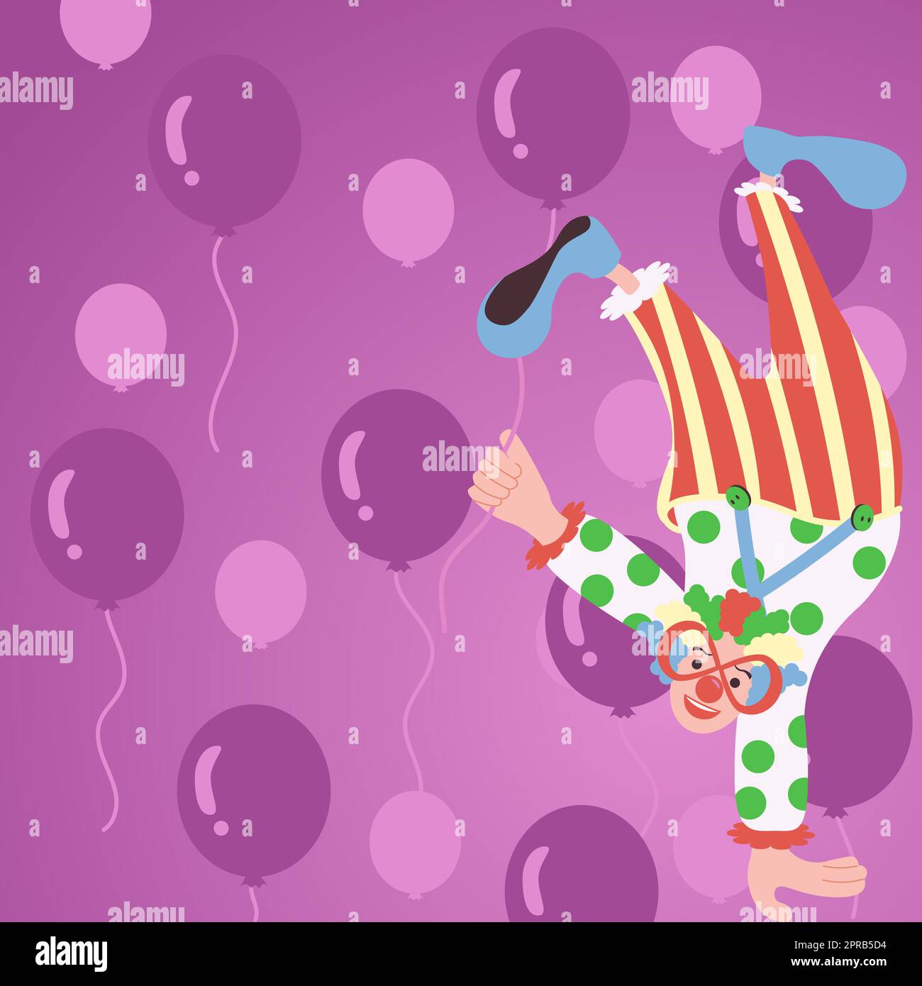 Ein Clown Steht Kopfüber Auf Einer Hand Und Hält Den Ballon Mit Der Anderen. Comedian Mit Brille Und Farbenfrohes Wig Making Amusement. Mann Feiert Geburtstag. Stockfoto