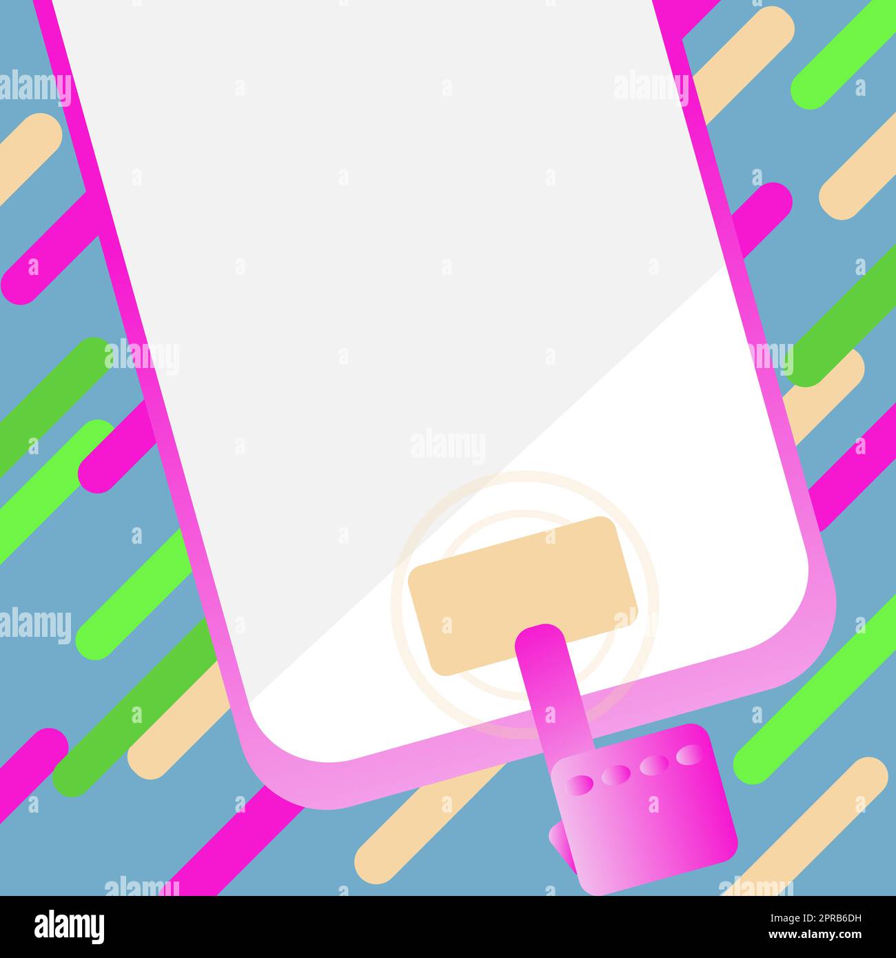 Gezogener Finger Zeigt Auf Die Haupttaste Des Telefons. Telefon Bildschirm Löschen. Gadget Ausschalten, Wenn Die Home-Taste Mit Dem Cursor Auf Den Abisolierten Hintergrund Zeigt. Textbereich Stockfoto