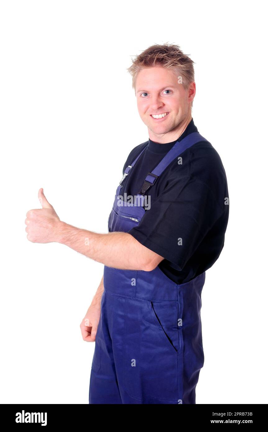 Porträt eines jungen Handwerkers, Arbeiter, Monteur vor weißem Hintergrund Stockfoto