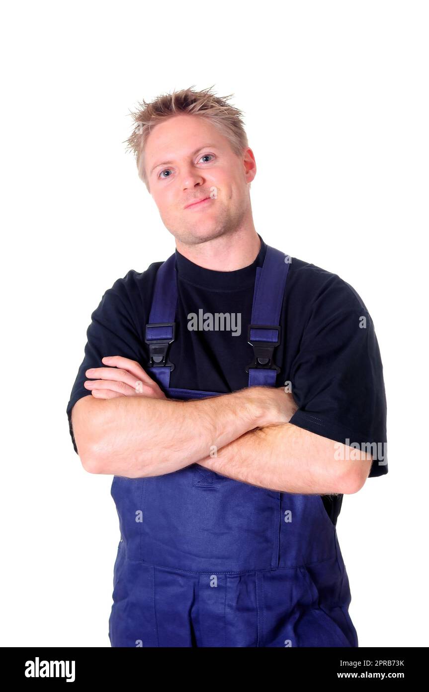 Porträt eines jungen Handwerkers, Arbeiter, Monteur vor weißem Hintergrund Stockfoto