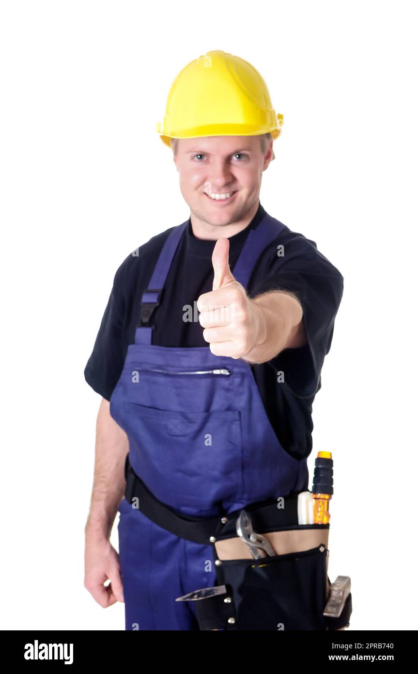 Porträt eines jungen Handwerkers, Arbeiter, Monteur vor weißem Hintergrund Stockfoto
