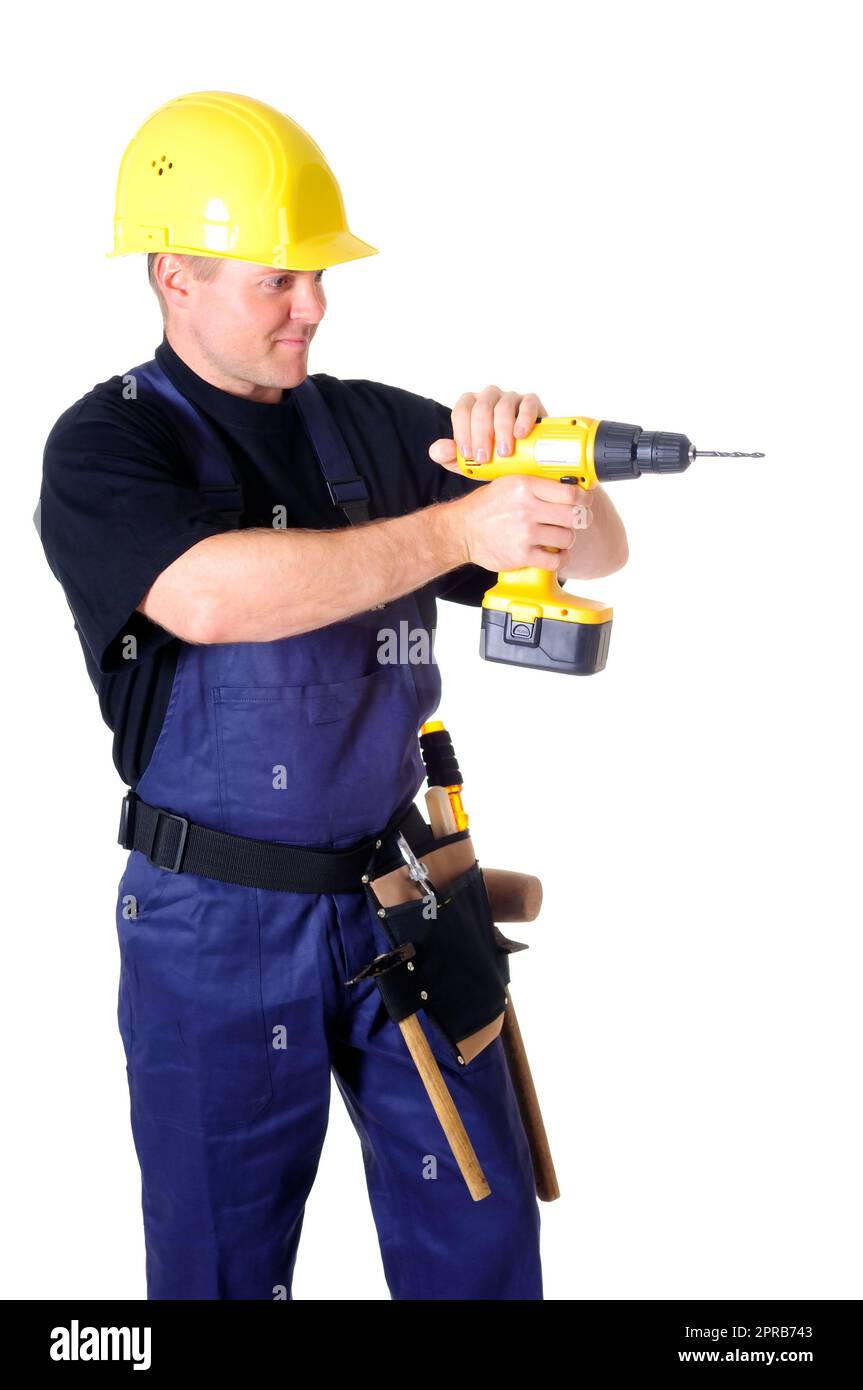 Porträt eines jungen Handwerkers, Arbeiter, Monteur vor weißem Hintergrund Stockfoto