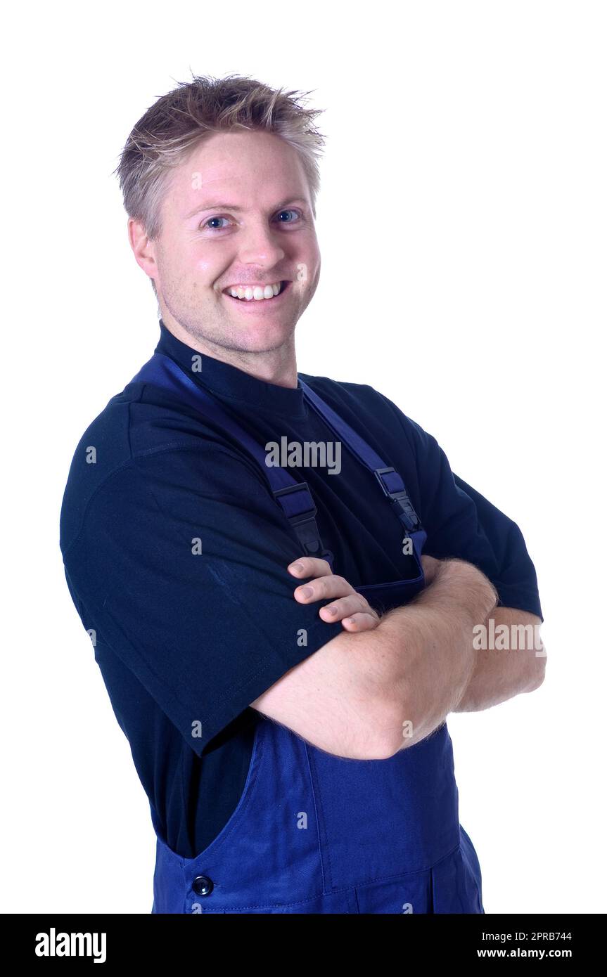 Porträt eines jungen Handwerkers, Arbeiter, Monteur vor weißem Hintergrund Stockfoto