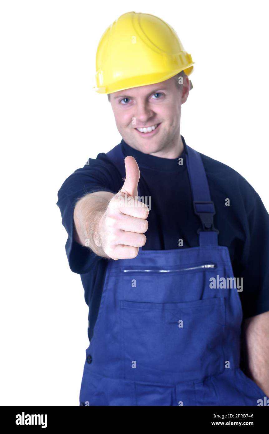 Porträt eines jungen Handwerkers, Arbeiter, Monteur vor weißem Hintergrund Stockfoto
