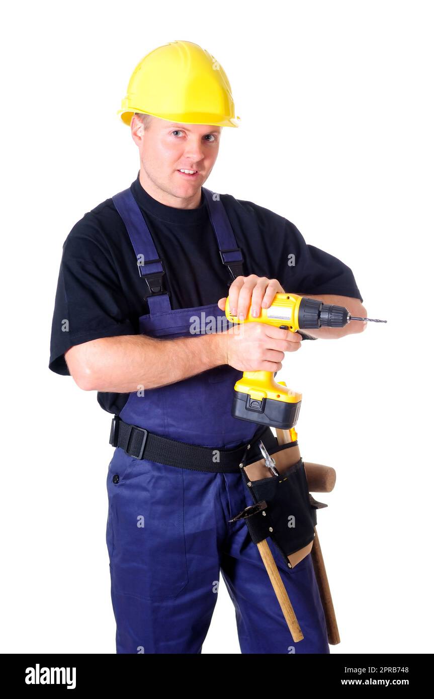 Porträt eines jungen Handwerkers, Arbeiter, Monteur vor weißem Hintergrund Stockfoto