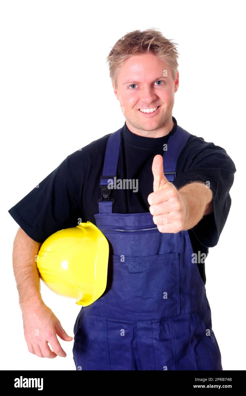 Porträt eines jungen Handwerkers, Arbeiter, Monteur vor weißem Hintergrund Stockfoto