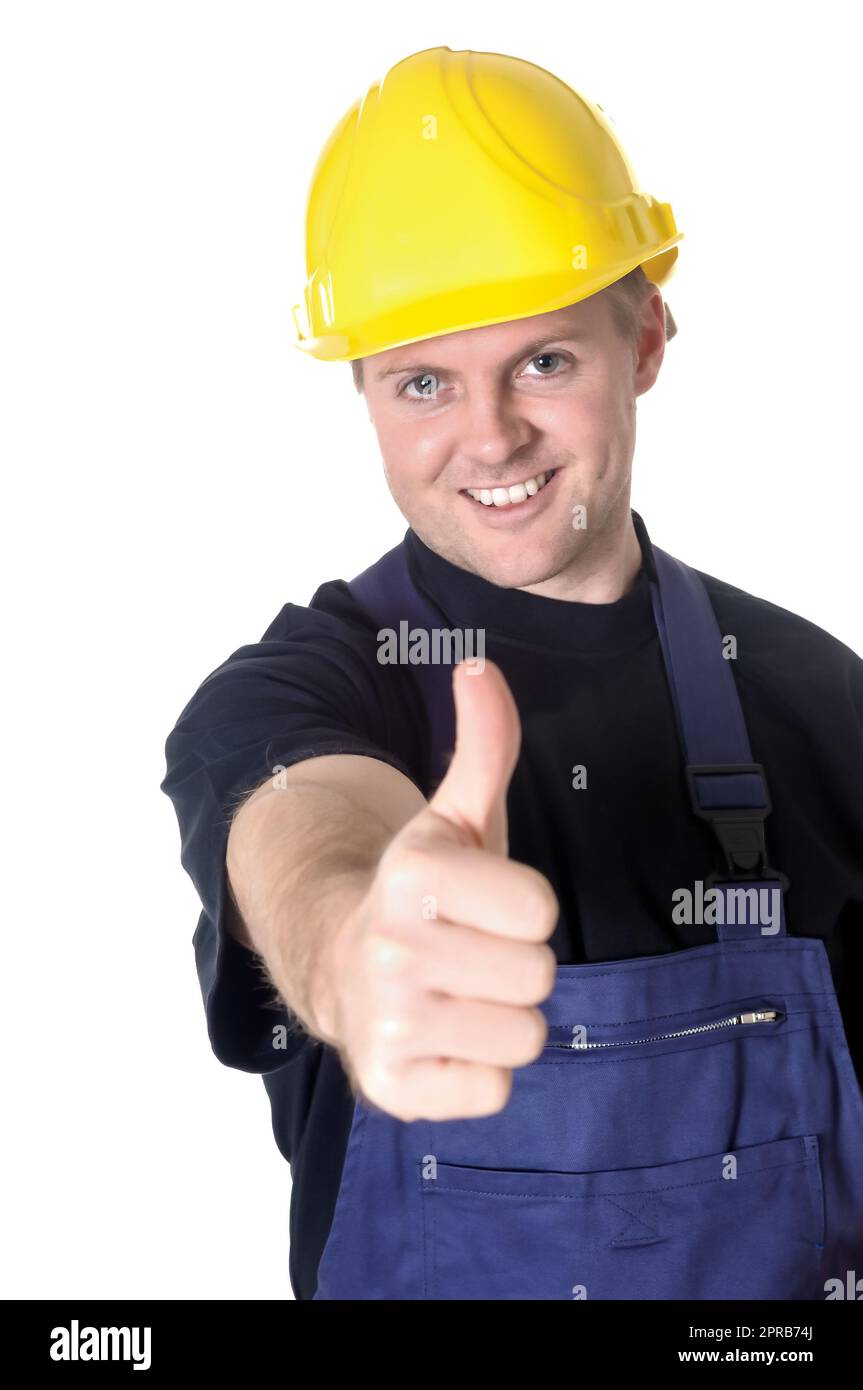 Porträt eines jungen Handwerkers, Arbeiter, Monteur vor weißem Hintergrund Stockfoto