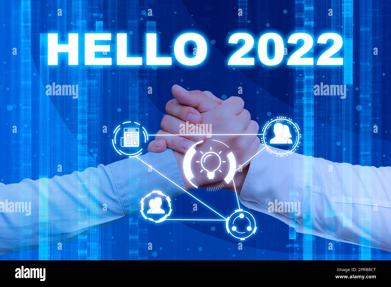 Konzeptionelle Darstellung Hallo 2022. Business Showcase hofft, dass das kommende neue Jahr ein Erfolg wird Hände schütteln und innovative Planungsideen präsentieren, die Teamarbeit symbolisieren. Stockfoto