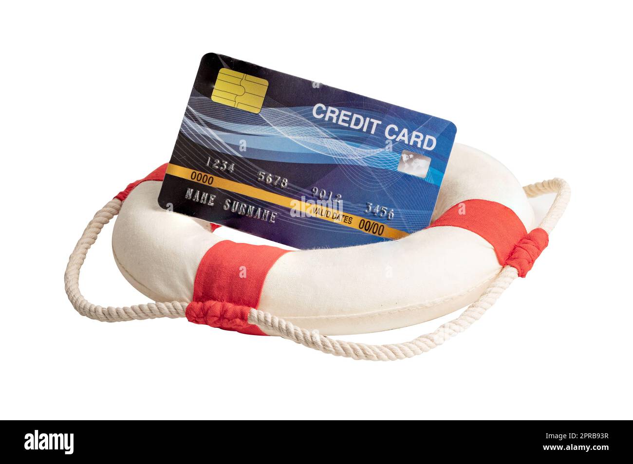 Finanzkrise, Rettungsboot mit Kreditkarte, Unterstützung und Sicherheit der Finanzen. Stockfoto