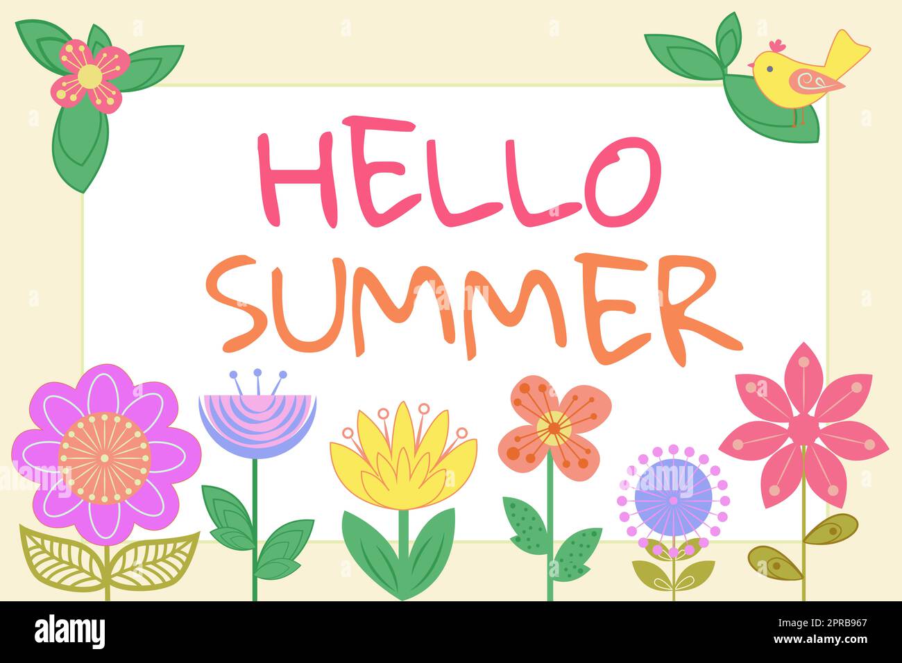 Schild mit der Aufschrift „Hello Summer“. Der Geschäftsansatz, der die wärmste Jahreszeit begrüßt, kommt nach dem Frühling mit Bird, Leaves and Flowers und wichtigen Daten. Stockfoto