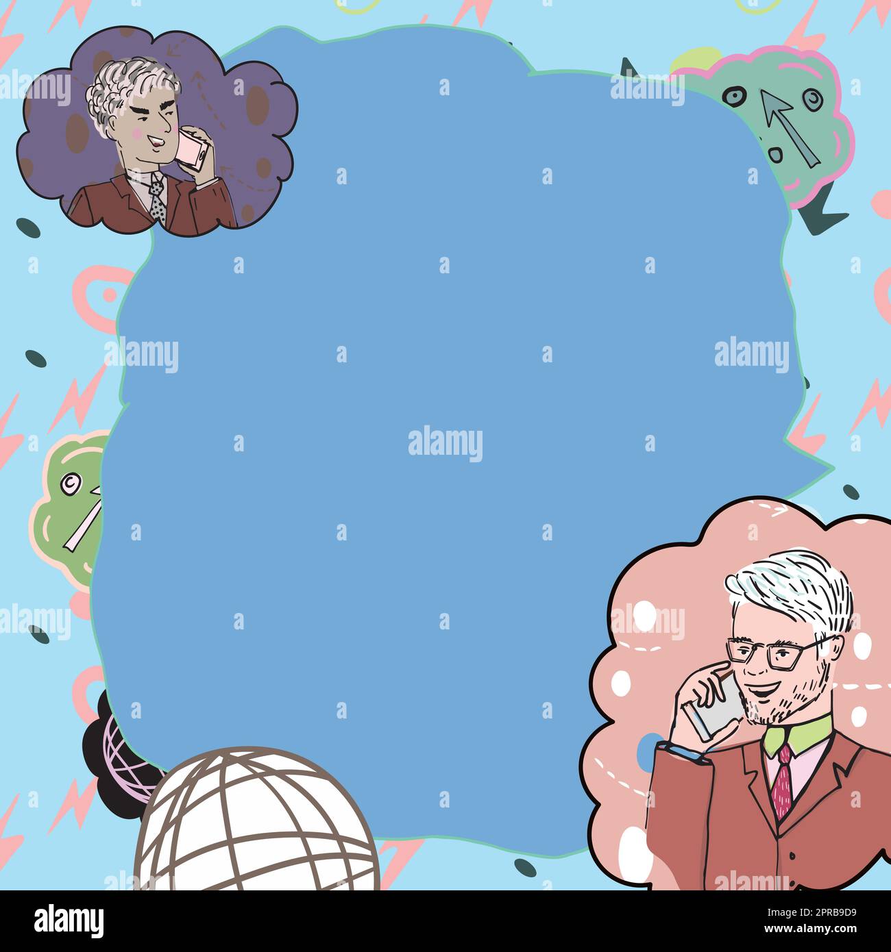 Geschäftsleute, Die Über Mobiltelefone Sprechen Und Wichtige Ideen Präsentieren. Männer, Die Auf Handys Sprechen Und Grausame Informationen Zeigen. Führungskräfte Zeigen Neue Daten An. Stock Vektor