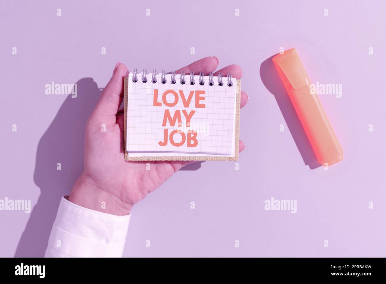 Textunterschrift mit „Liebe meinen Job“. Geschäftspräsentation, um zufrieden zu sein mit der Arbeit, dass man sich wohlfühlt Frau, die Notizblock mit wichtiger Nachricht auf dem Büroschreibtisch mit Marker hält. Stockfoto