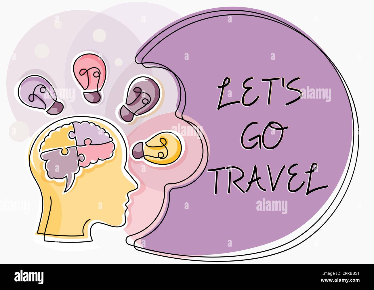 Schild mit der Aufschrift Let S is Go Travel. Word for Plan A Trip Besuchen Sie neue Orte Länder Städte Adventure Mann mit Rätseln Gehirn denkt neue Ideen gezeigt auf dem Präsentationstafel. Stockfoto