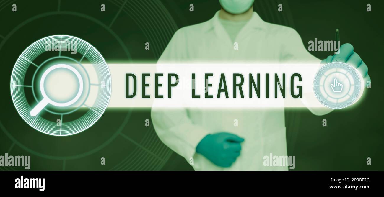 Konzeptionelle Darstellung Deep Learning. Geschäftskonzept hierarchische Abstraktionen Algorithmus für künstliche Intelligenz Arzt mit Stift, der auf die Suchleiste zeigt, die Forschung und Entwicklung anzeigt. Stockfoto
