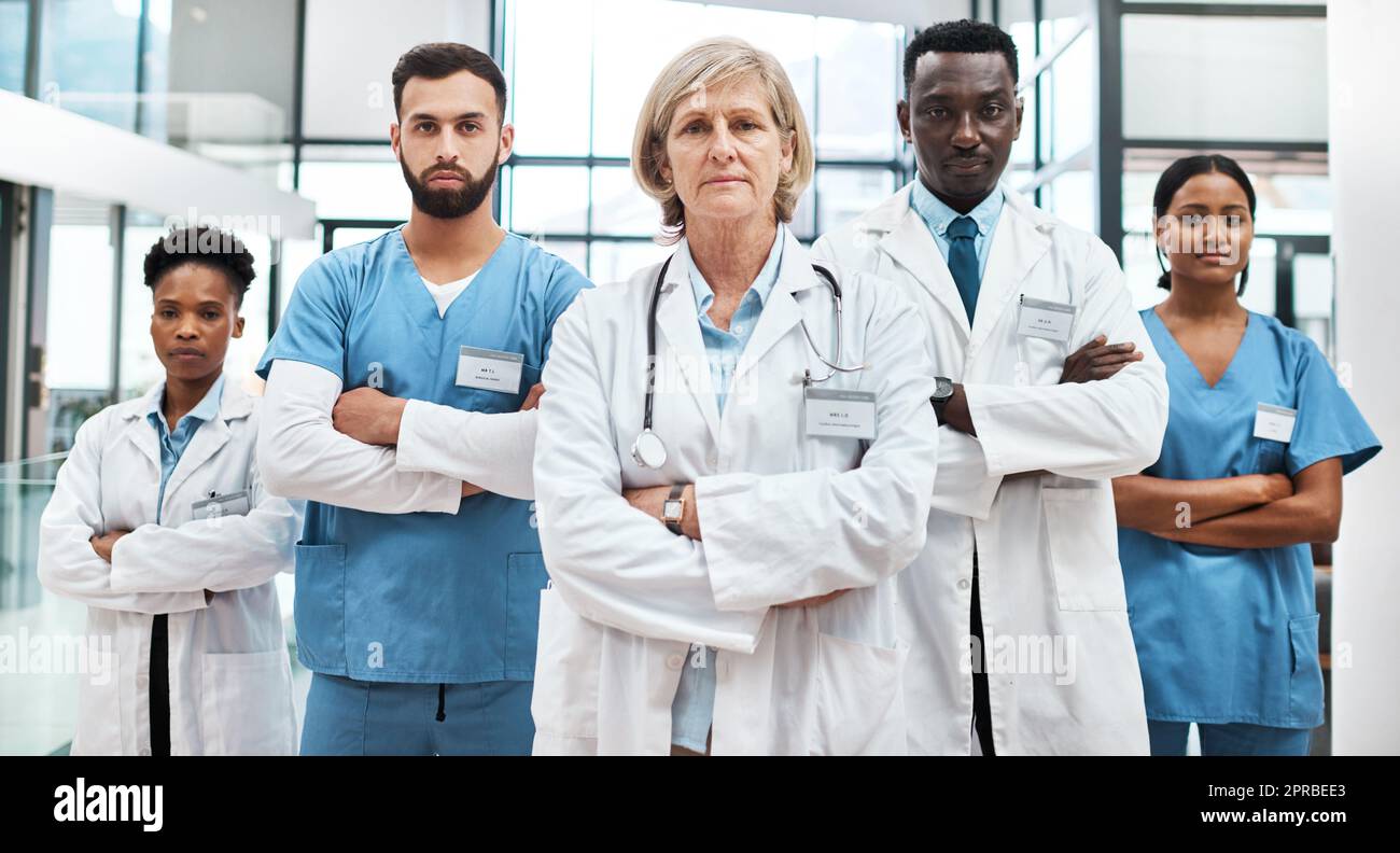 Förderung von Exzellenz und Professionalität in der Praxis der Medizin. Porträt einer Gruppe von Ärzten, die in einem Krankenhaus zusammenstehen. Stockfoto