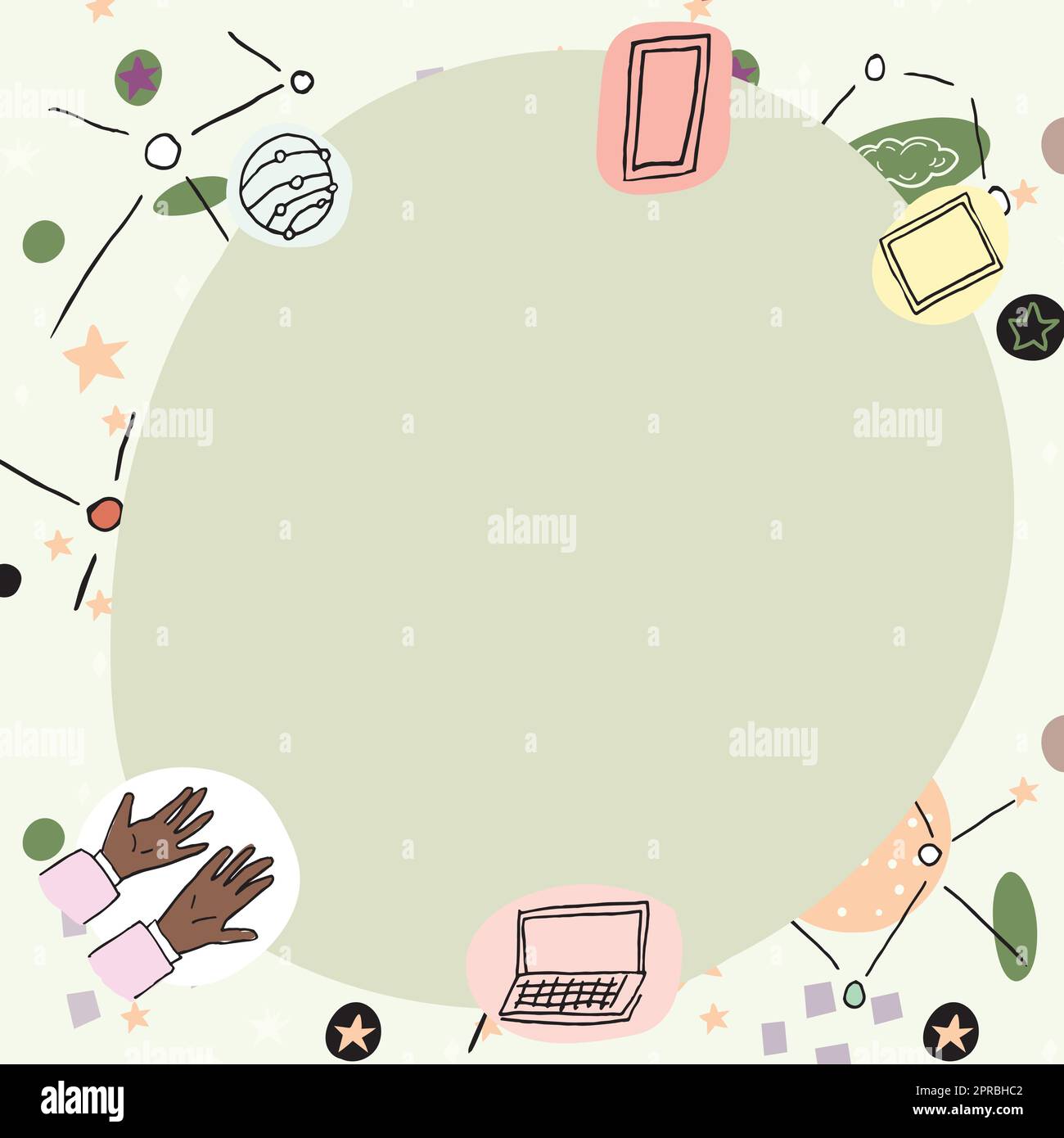 Leeres Poster mit modernen Technologiesymbolen. Leerer Rahmen umgeben von mehrfarbigen Laptop-Mobiltelefonen, die Wissenschaft und Technologie darstellen. Stock Vektor