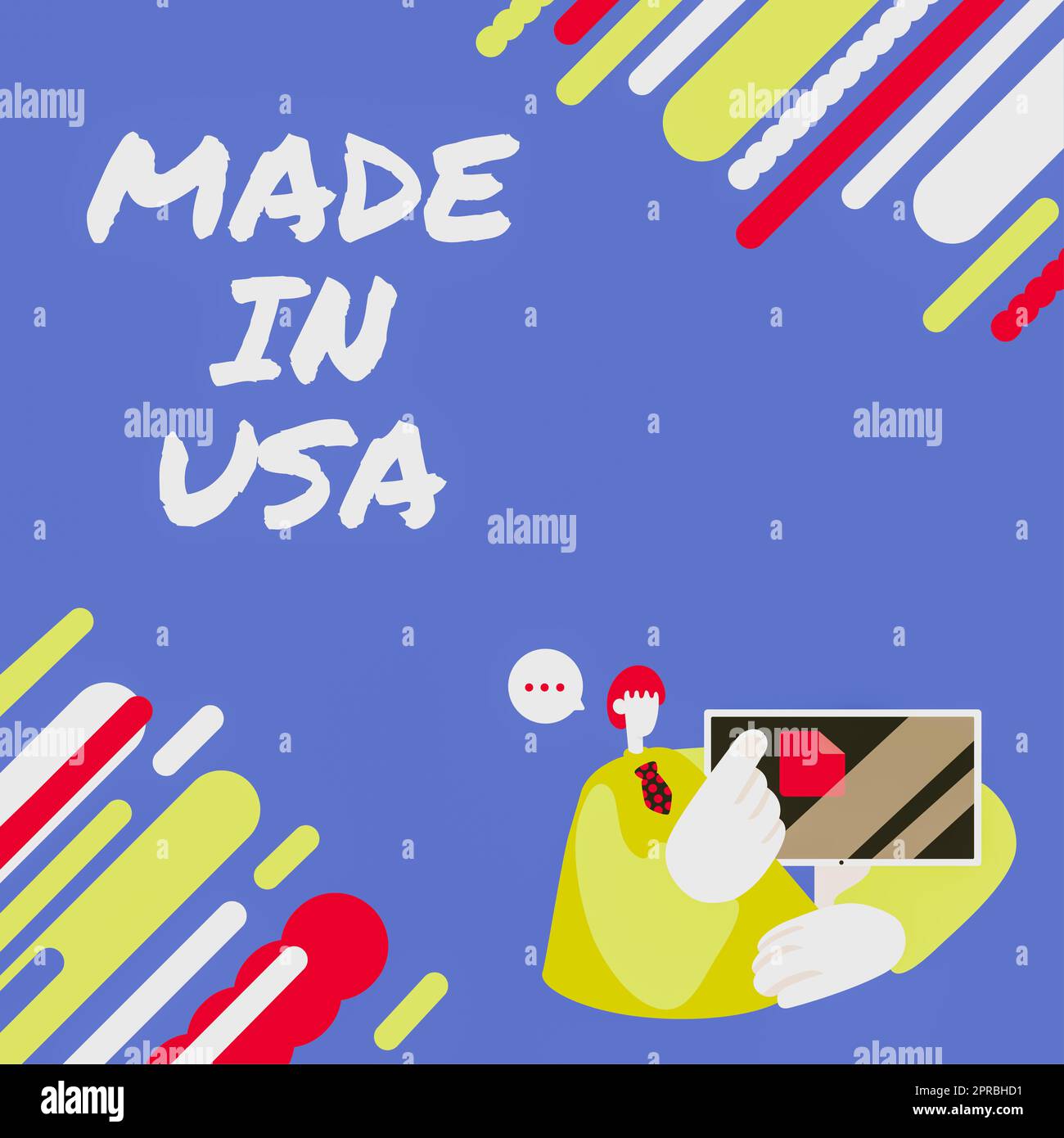 Inspiration mit „Made in USA“-Schild. Konzept, das die amerikanische Marke USA hergestellte lokale Produkte Geschäftsmann, der über aktuelle Dateien auf dem Computer spricht. Stockfoto