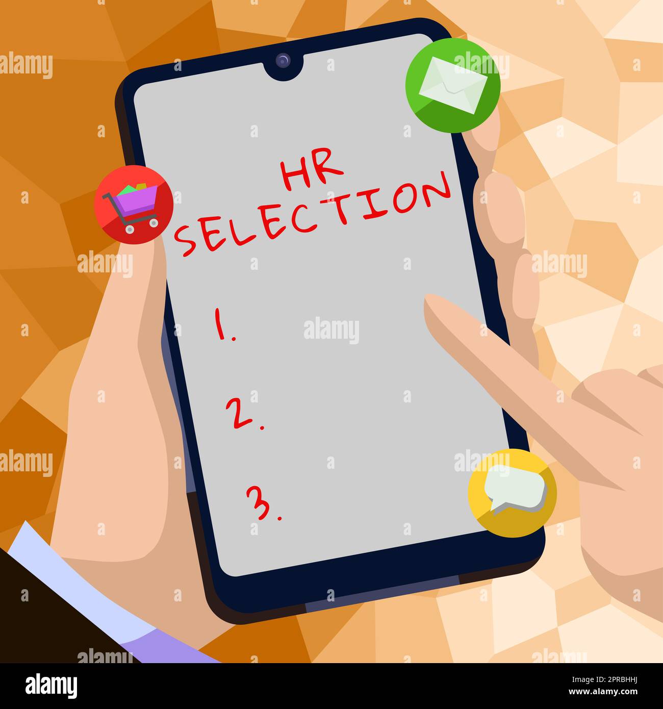 Handschriftliches Zeichen HR-Auswahl. Internet-Konzeptprozess und Herangehensweise der Personalabteilung bei der Einstellung von Mitarbeitern Geschäftsmann mit Handy mit wichtigen Nachrichten und Zeigen darauf Stockfoto