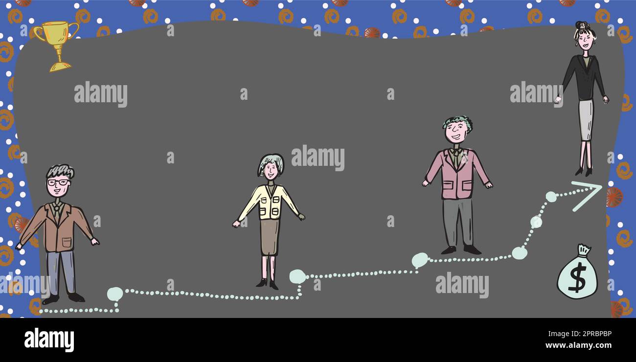 Das Business-Team Steht Auf Der Treppe Zum Erfolg Mit Trophäe Und Geldbeutel An Den Seiten. Geschäftsmänner Und Geschäftsfrauen, Die Eine Wichtige Entwicklungsbotschaft Präsentieren. Stock Vektor
